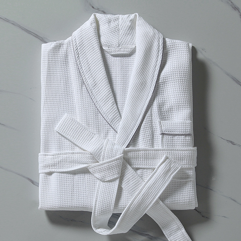 100% Cotton Small Waffle Shawl Collar With Piping Bathrobe