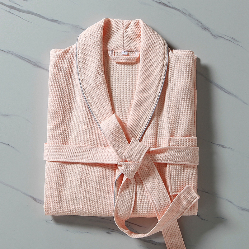100% Cotton Small Waffle Shawl Collar With Piping Bathrobe 100% Cotton Small Waffle Shawl Collar With Piping Bathrobe