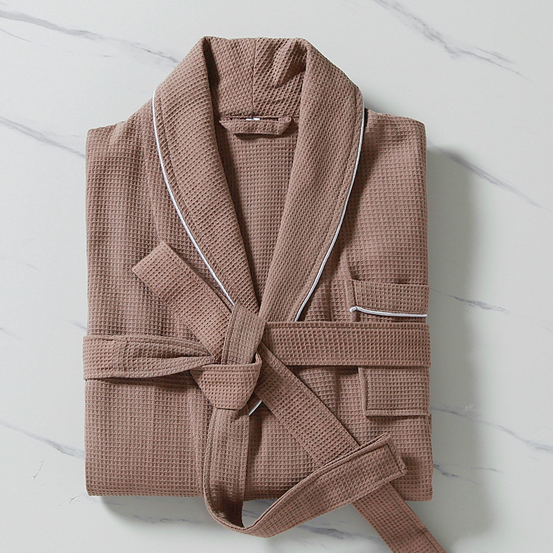 100% Cotton Small Waffle Shawl Collar With Piping Bathrobe 100% Cotton Small Waffle Shawl Collar With Piping Bathrobe